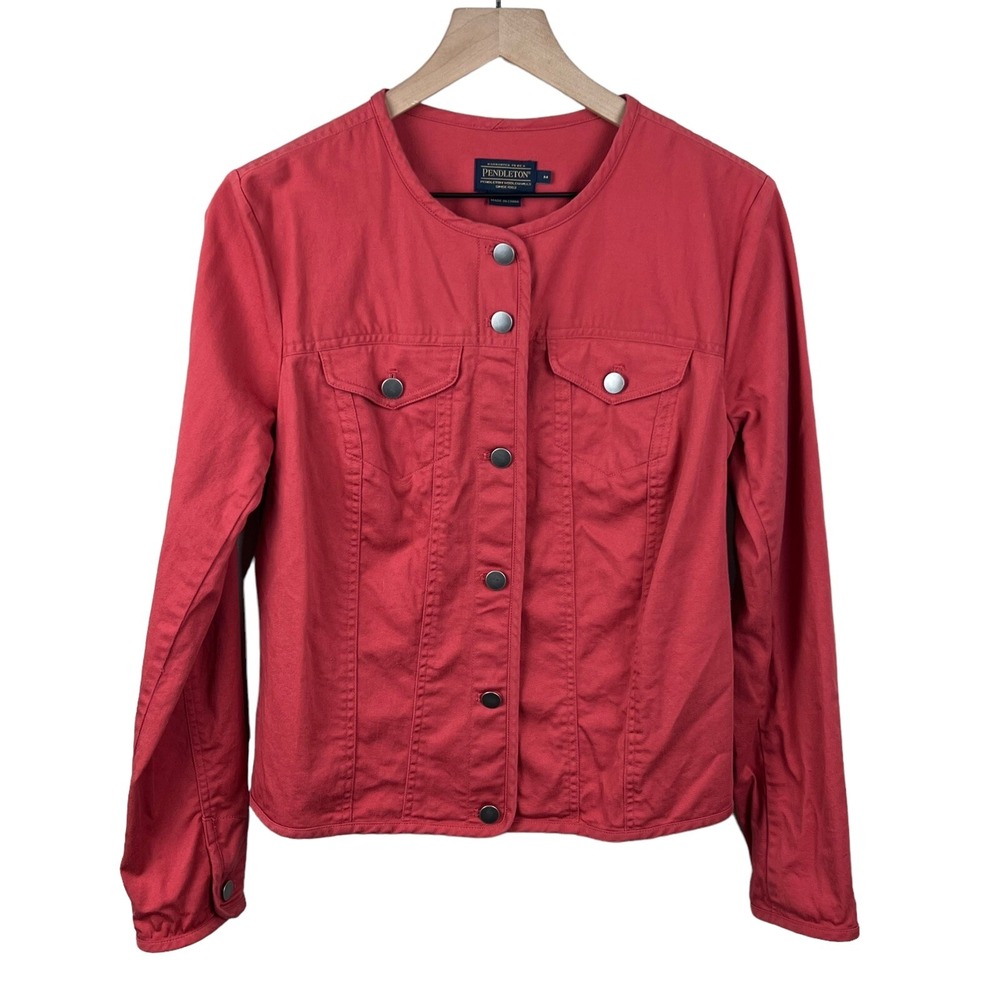 Pendleton Womens Medium Jacket Red Collarless Button Front Cotton Twill Stretch